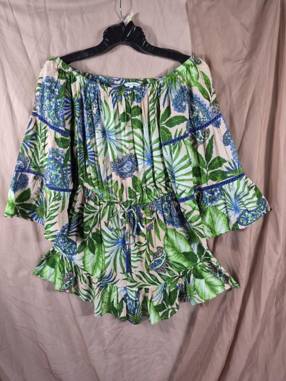 Island Blue Woman's Blue Tropical Florals Off Shoulder Mini Flare Dress Size M